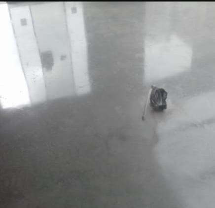 Świeżo wylana, mokra, szara posadzka z widocznym odbiciem światła i narzędziem do rozprowadzania w rogu.