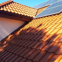 Czerwona dachówka ceramiczna na dachu domu z zamontowanymi panelami słonecznymi, widok z dołu pod kątem, oświetlona promieniami słonecznymi.