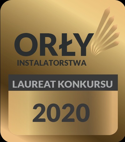 Złota odznaka 'Orły Instalatorstwa - Laureat Konkursu 2020', symbol jakości i uznania w branży instalacyjnej.