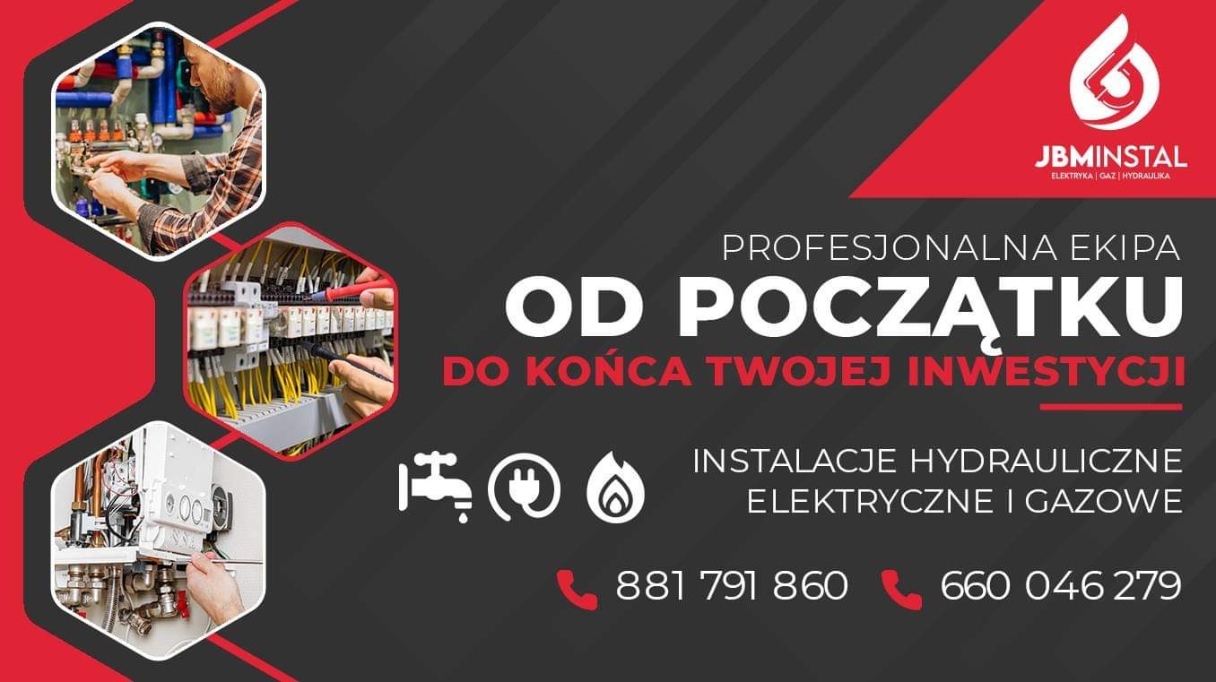 Grafika reklamowa firmy JBMINSTAL z ofertą instalacji hydraulicznych, elektrycznych i gazowych. Na grafice widoczne zdjęcia hydraulika przy pracy, elektryka instalującego okablowanie oraz pieca...