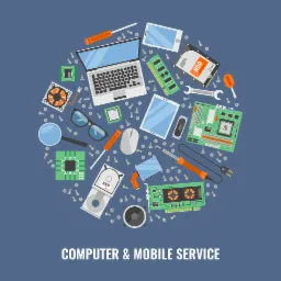 Ilustracja przedstawiająca elementy komputera i urządzenia mobilne, takie jak laptop, tablet, smartfon, dysk twardy, płyta główna, karta graficzna, pamięć RAM, procesor, wentylator, głośnik, lupa...