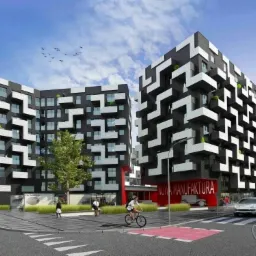 Wizualizacja nowoczesnego budynku z czarno-białą elewacją o zygzakowatym wzorze balkonów, z elementami czerwieni, widok z poziomu ulicy z przechodniami i rowerzystą.