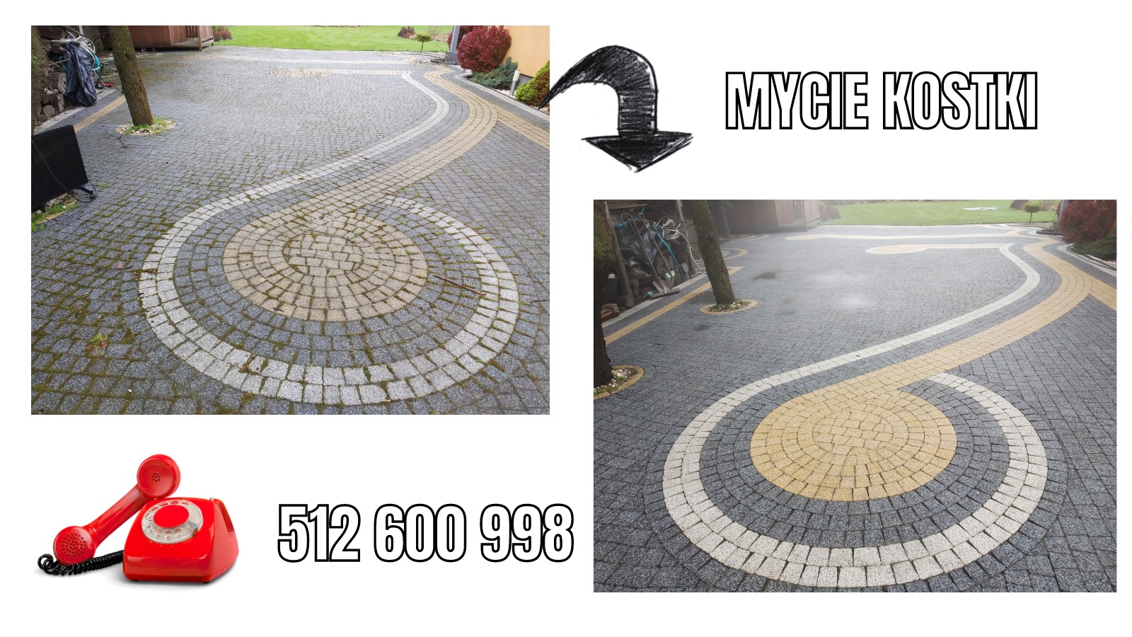 Dwa ujęcia kostki brukowej ułożonej w dekoracyjny wzór z okręgami i łukami, z widocznymi śladami zabrudzeń i mchu, sugerujące potrzebę czyszczenia. Na kolażu widoczny również czerwony telefon...