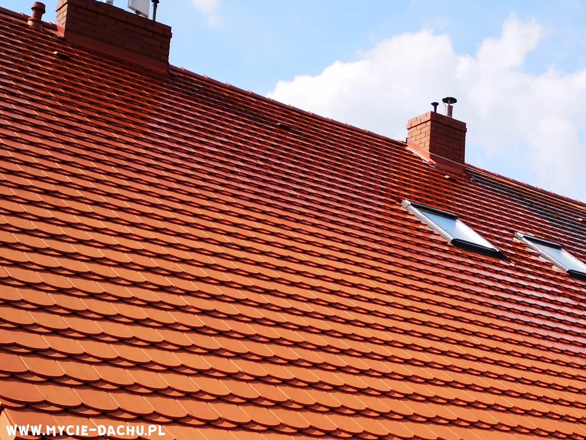 Czysty, mokry dach pokryty czerwoną dachówką karpiówką po umyciu, z widocznymi dwoma oknami dachowymi i ceglanym kominem na tle błękitnego nieba.