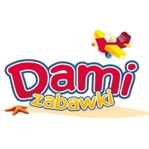 Logo sklepu z zabawkami 'Dami zabawki' z czerwoną obwódką, żółtym napisem 'zabawki' i żółto-czerwonym samolotem w prawym górnym rogu oraz dwiema pomarańczowymi rozgwiazdami w lewym dolnym rogu...