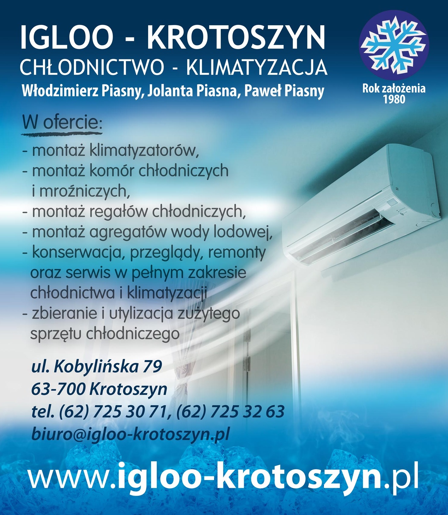 Grafika reklamowa firmy IGLOO-KROTOSZYN z ofertą montażu, serwisu i utylizacji sprzętu chłodniczego, prezentująca klimatyzator ścienny na jasnym tle.