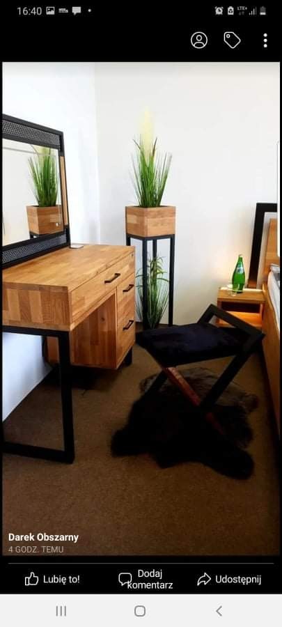 Drewniana toaletka z czarną ramą lustra, obok roślina w drewnianej donicy na metalowym stojaku, czarne składane krzesło i mały stolik nocny z butelką wody, na brązowej wykładzinie podłogowej.