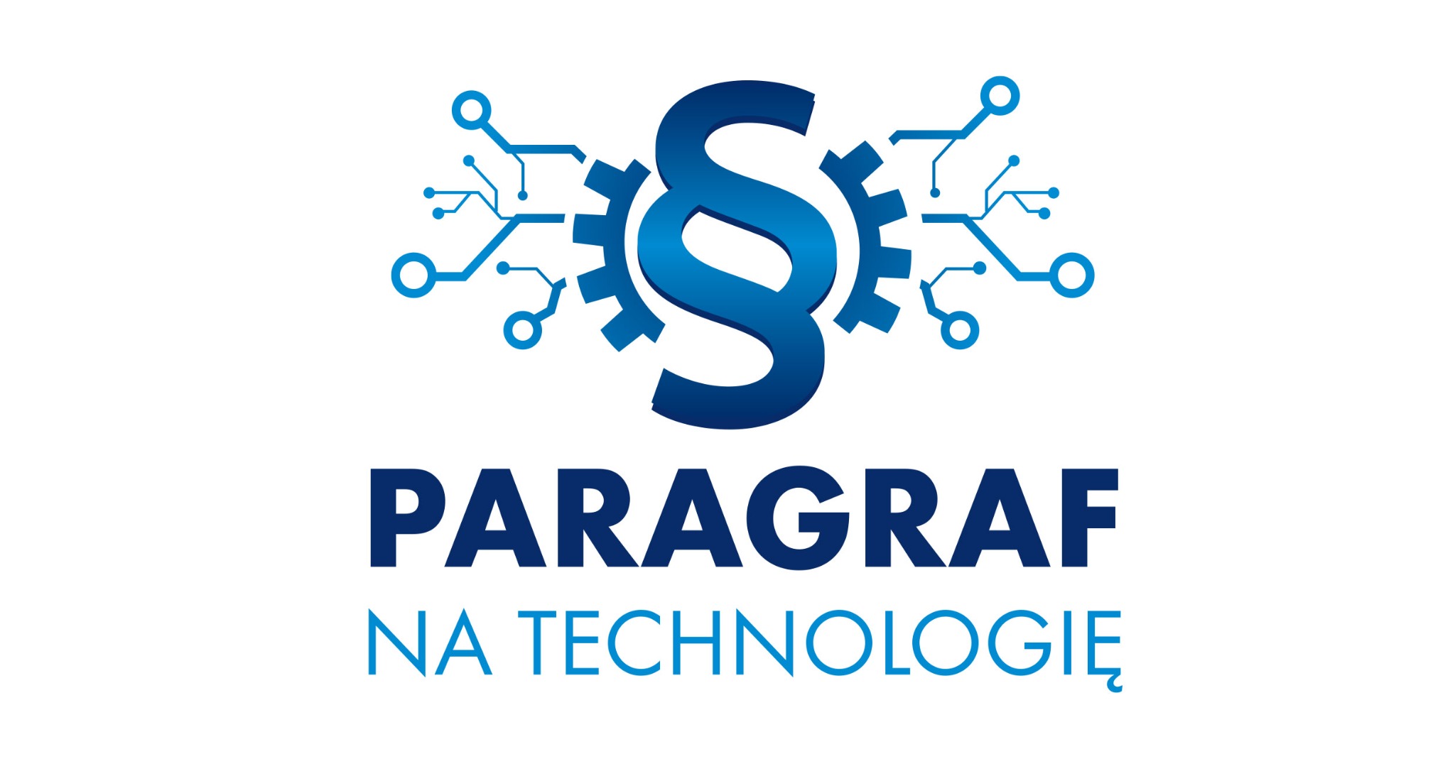 Niebieskie logo z symbolem paragrafu wkomponowanym w zębatki i schemat elektroniczny, napis PARAGRAF NA TECHNOLOGIĘ.