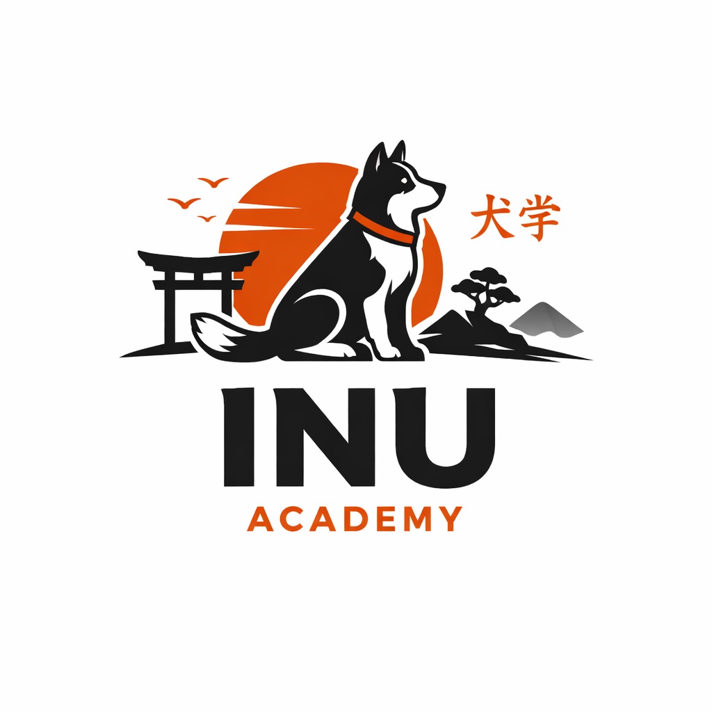 Grafika: Sylwetka psa rasy husky siedzącego na tle japońskiego krajobrazu z bramą torii i słońcem. Pod spodem napis 'INU ACADEMY'.