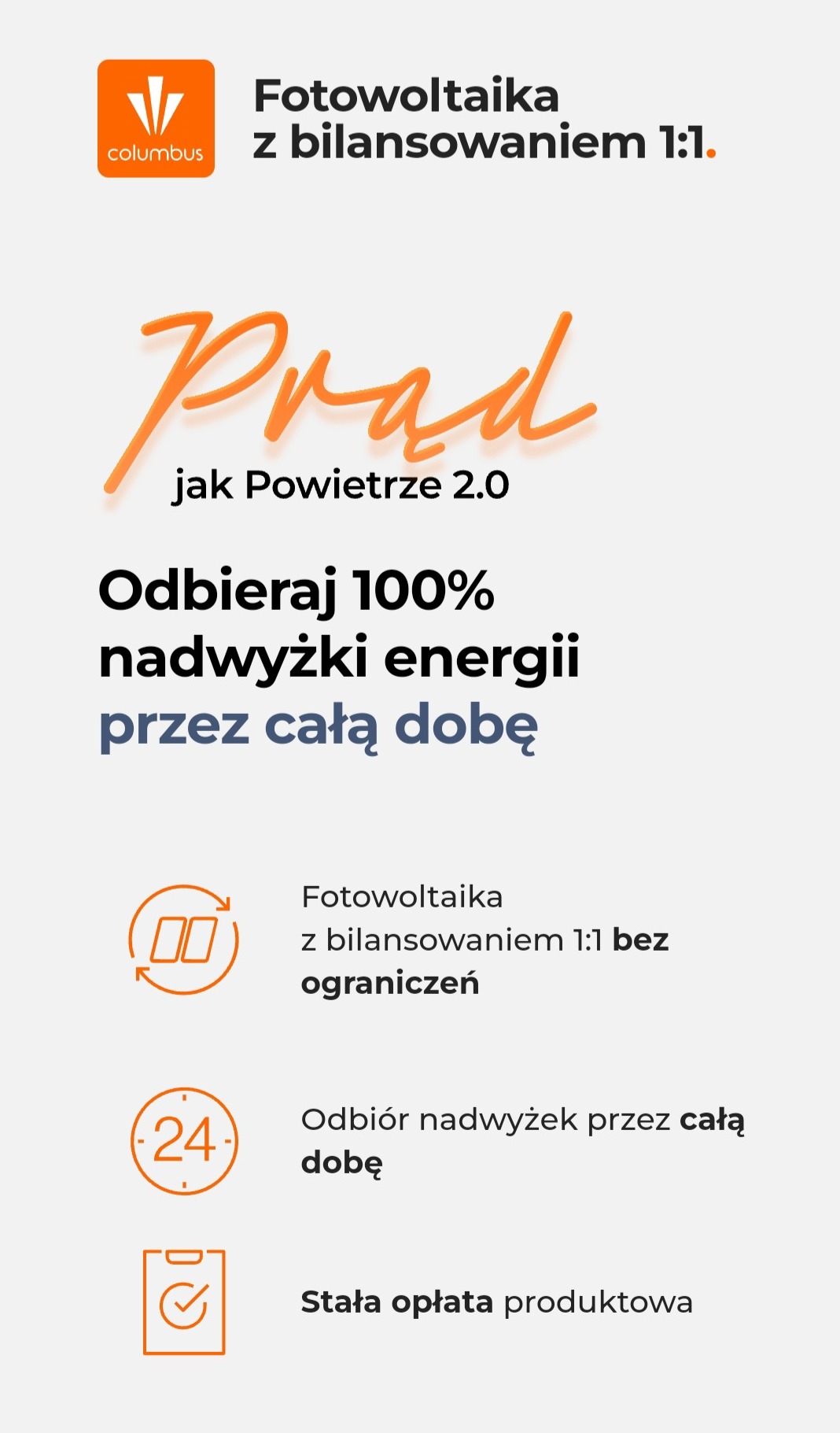 Grafika reklamowa firmy Columbus prezentująca ofertę bilansowania 1:1 dla instalacji fotowoltaicznych, z hasłem 'Prąd jak Powietrze 2.0' i informacją o odbiorze 100% nadwyżki energii przez całą...