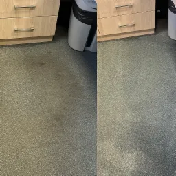 Porównanie dywanu przed i po czyszczeniu, widoczne plamy po lewej stronie i czysty dywan po prawej, obok szafki z jasnego drewna i kosza na śmieci.