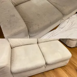 Porównanie: Zabrudzona, beżowa kanapa z widocznymi plamami przed i po praniu, ukazujące efektywność czyszczenia.