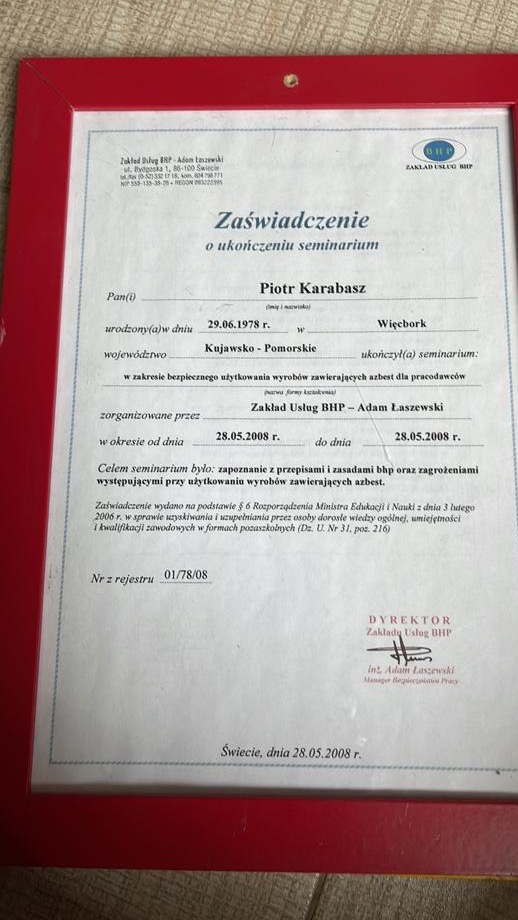 Zaświadczenie o ukończeniu kursu bhp DEMONTAŻ AZBESTU