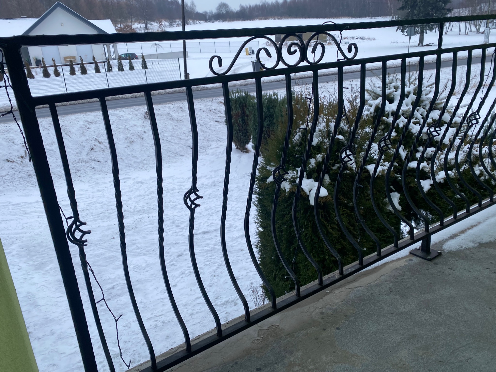Kute, czarne balustrady balkonowe z ozdobnymi elementami na tle zimowego krajobrazu z zaśnieżonymi krzewami i domami.