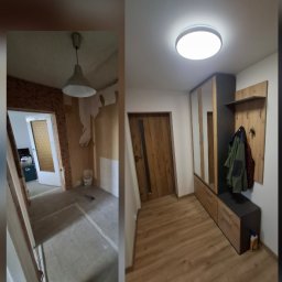 ToMaz-Bud - Korytarz przed i po remoncie: surowe ściany i podłoga kontra nowoczesna zabudowa z lustrem, drewniana podłoga i oświetlenie LED. Widoczna kurtka na wieszaku.