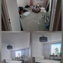 ToMaz-Bud - Zdjęcie 'przed i po' przedstawia pokój: górny kadr ukazuje bałagan i przygotowania do remontu, dolny - odnowione wnętrze z nowym łóżkiem, podłogą i roślinami w oknie.