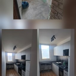 ToMaz-Bud - Remont kuchni w Nałęczowie: ujęcie 'przed' z surowymi ścianami i 'po' z nowoczesną zabudową kuchenną w bieli i szarości, z drewnianą podłogą.