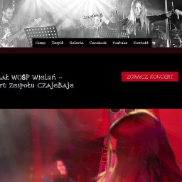 Aleksander Skulski - Strona internetowa zespołu muzycznego Czajebaje z menu nawigacyjnym, informacją o koncercie WOŚP Wieluń i zdjęciem zespołu na scenie w tle.