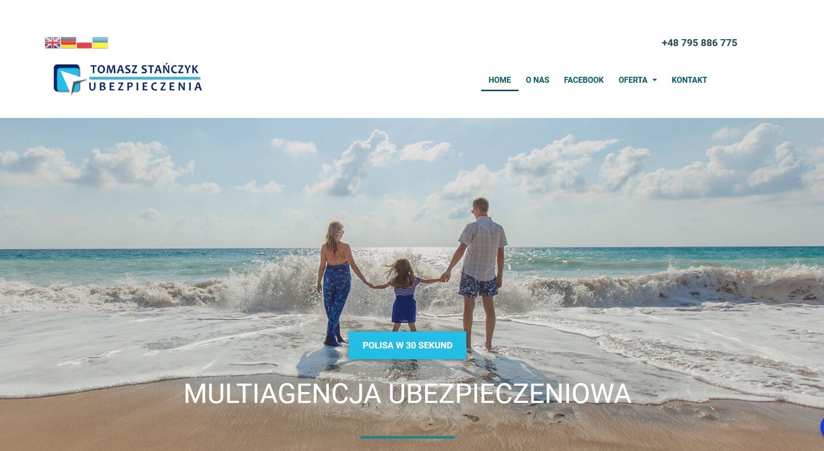 Strona internetowa multiagencji ubezpieczeniowej z motywem rodziny stojącej na plaży, logo firmy w lewym górnym rogu, menu nawigacyjne w górnej części.