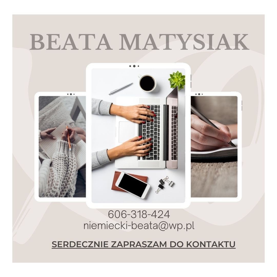 Kompozycja graficzna z trzema kadrami: dłonie piszące w notesie, dłonie piszące na laptopie otoczonym drobnymi przedmiotami biurowymi, dłoń pisząca długopisem w notesie, całość otoczona beżowym...