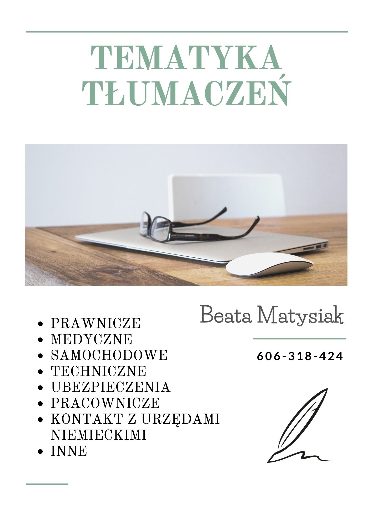 Reklama usług tłumaczeniowych: laptop, myszka i okulary na drewnianym biurku, poniżej lista tematów tłumaczeń i dane kontaktowe.