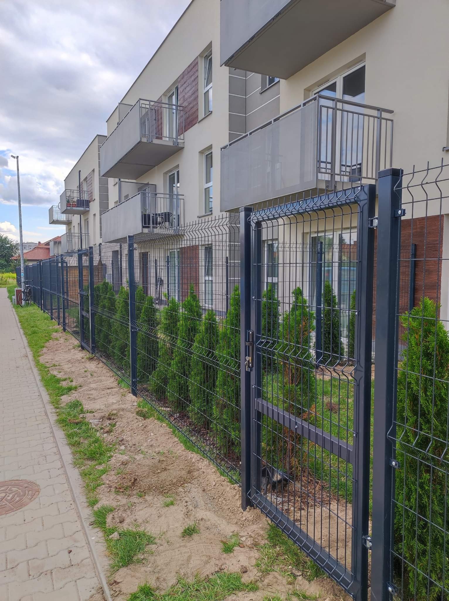 Nowoczesne ogrodzenie panelowe w kolorze grafitowym, oddzielające chodnik od niskich tuj szmaragdowych rosnących wzdłuż budynku mieszkalnego z balkonami.
