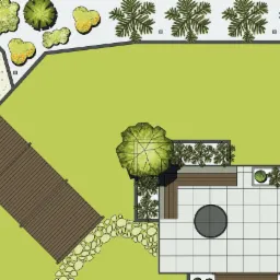 Rzut z góry na projekt ogrodu z drewnianym pomostem prowadzącym do placu z ławką, trawnikiem i tarasem z paleniskiem otoczonym zielenią.