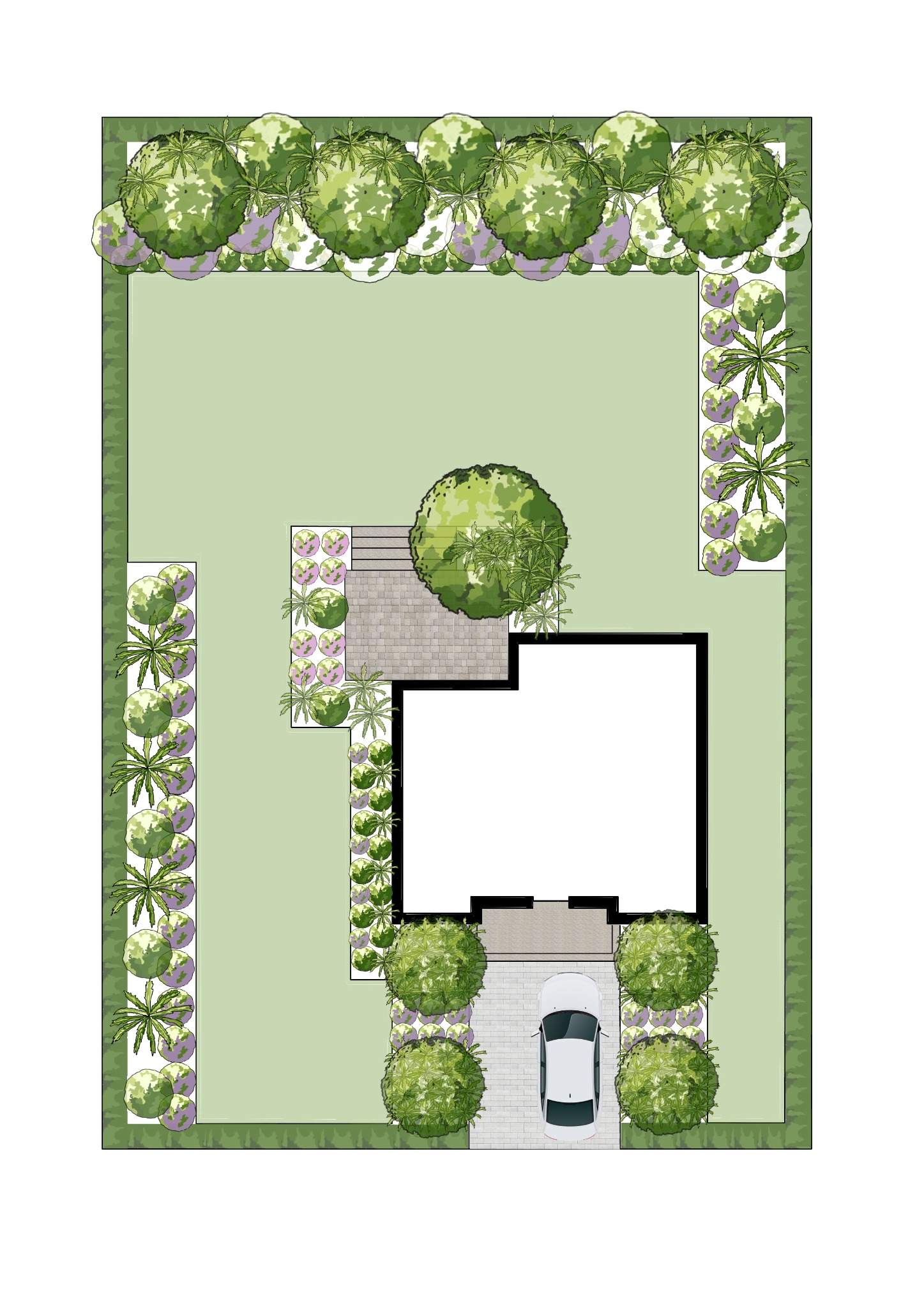 Plan zagospodarowania terenu z widokiem z góry, prezentujący dom z ogrodem, podjazdem i samochodem, ukazujący rozmieszczenie roślinności i elementów architektonicznych.