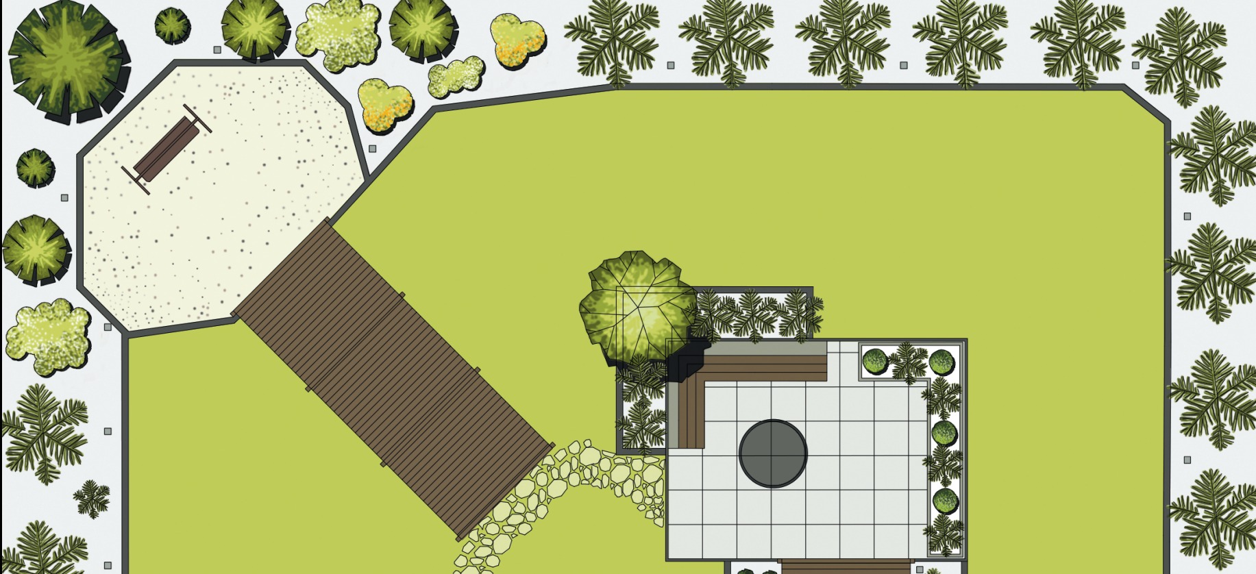 Rzut z góry na projekt ogrodu z drewnianym pomostem prowadzącym do placu z ławką, trawnikiem i tarasem z paleniskiem otoczonym zielenią.