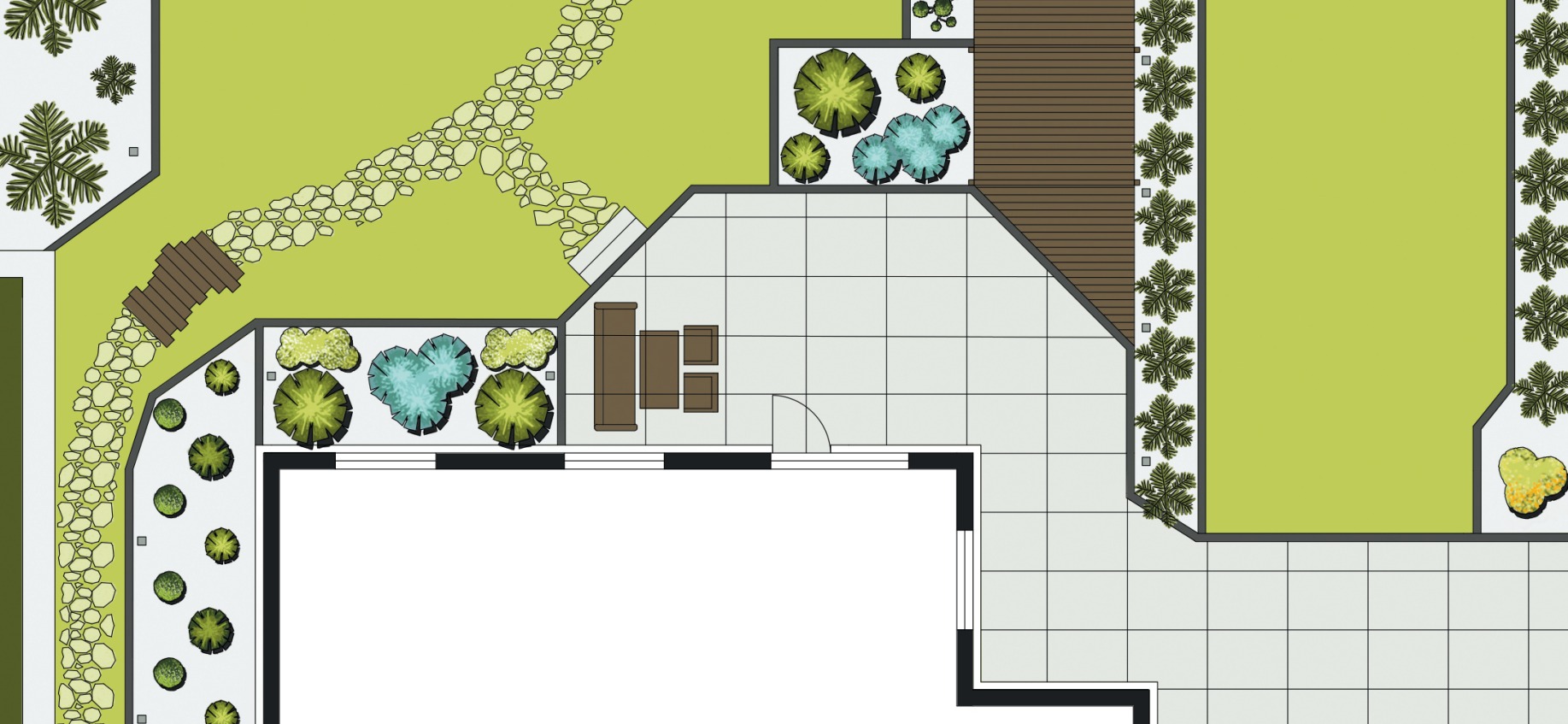 Plan zagospodarowania przestrzennego ogrodu z tarasem, ścieżką z kamieni i drewnianym mostkiem, widok z góry.