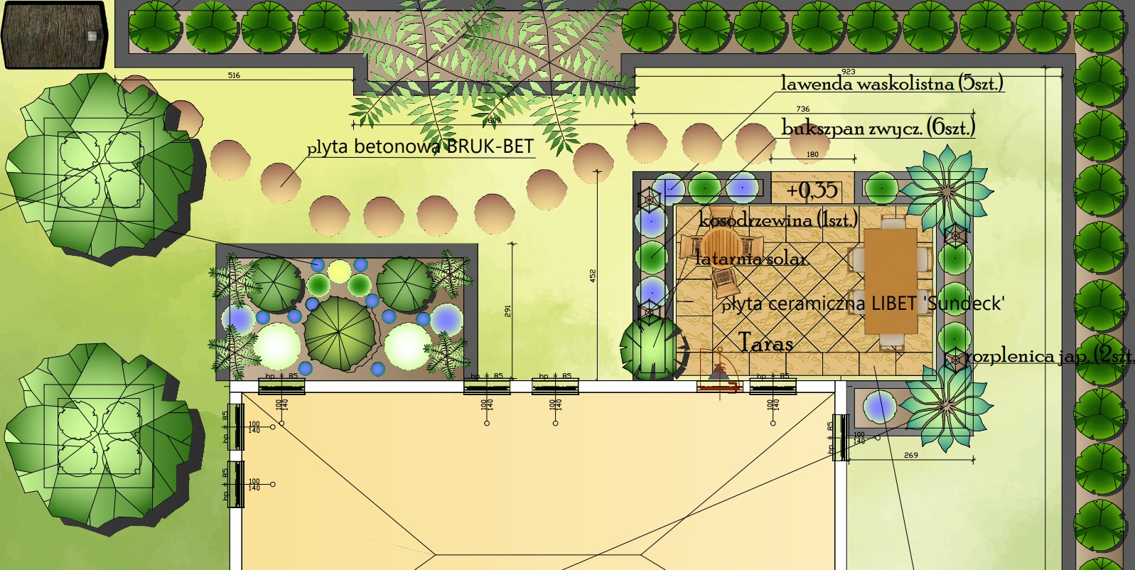Plan zagospodarowania przestrzeni zewnętrznej z tarasem, kostką brukową, rabatami z lawendą wąskolistną, bukszpanem, kosodrzewiną i rozplenicą japońską. Widoczne wymiary i nazwy materiałów.