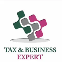 Logo firmy 'Tax & Business Expert' z abstrakcyjnym symbolem graficznym w kolorach zielonym, szarym i różowym, umieszczone na białym tle.