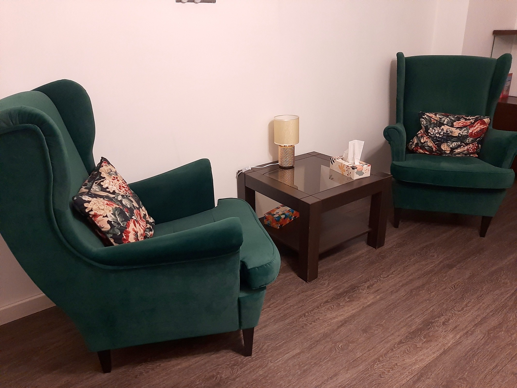 Dwa zielone fotele typu uszak z poduszkami w kwiaty, stolik kawowy z lampką i pudełkiem chusteczek w gabinecie terapeutycznym.