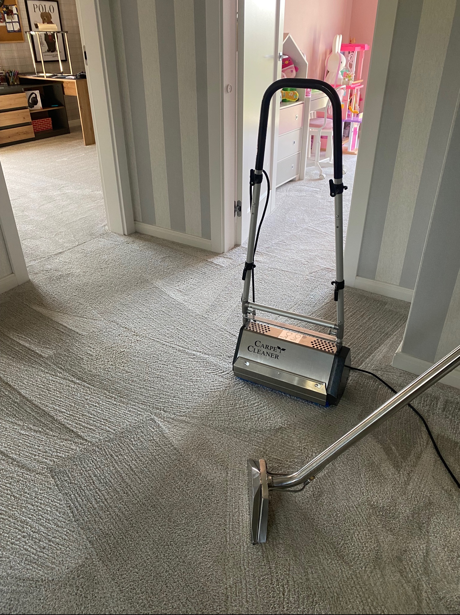 Profesjonalne urządzenie do czyszczenia dywanów na tle świeżo wypranego, jasnego dywanu we wzory. Widoczne ślady po pracy urządzenia.