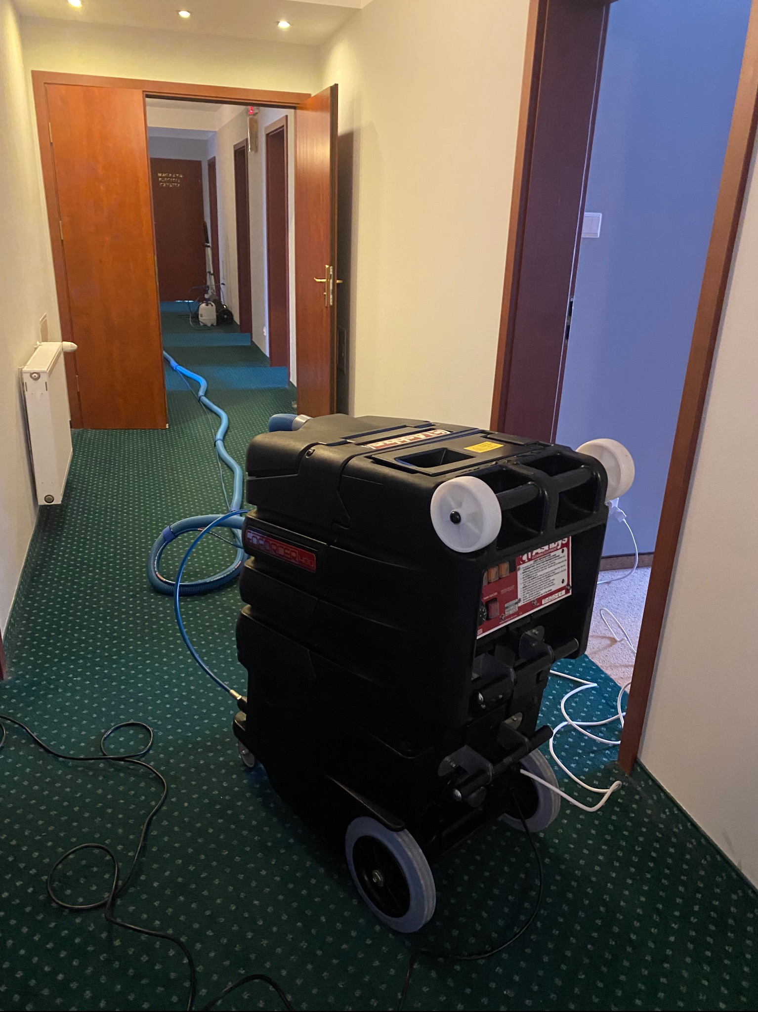 Profesjonalny sprzęt do czyszczenia dywanów w hotelowym korytarzu z zieloną wykładziną. W tle widoczny odkurzacz piorący i otwarte drzwi.
