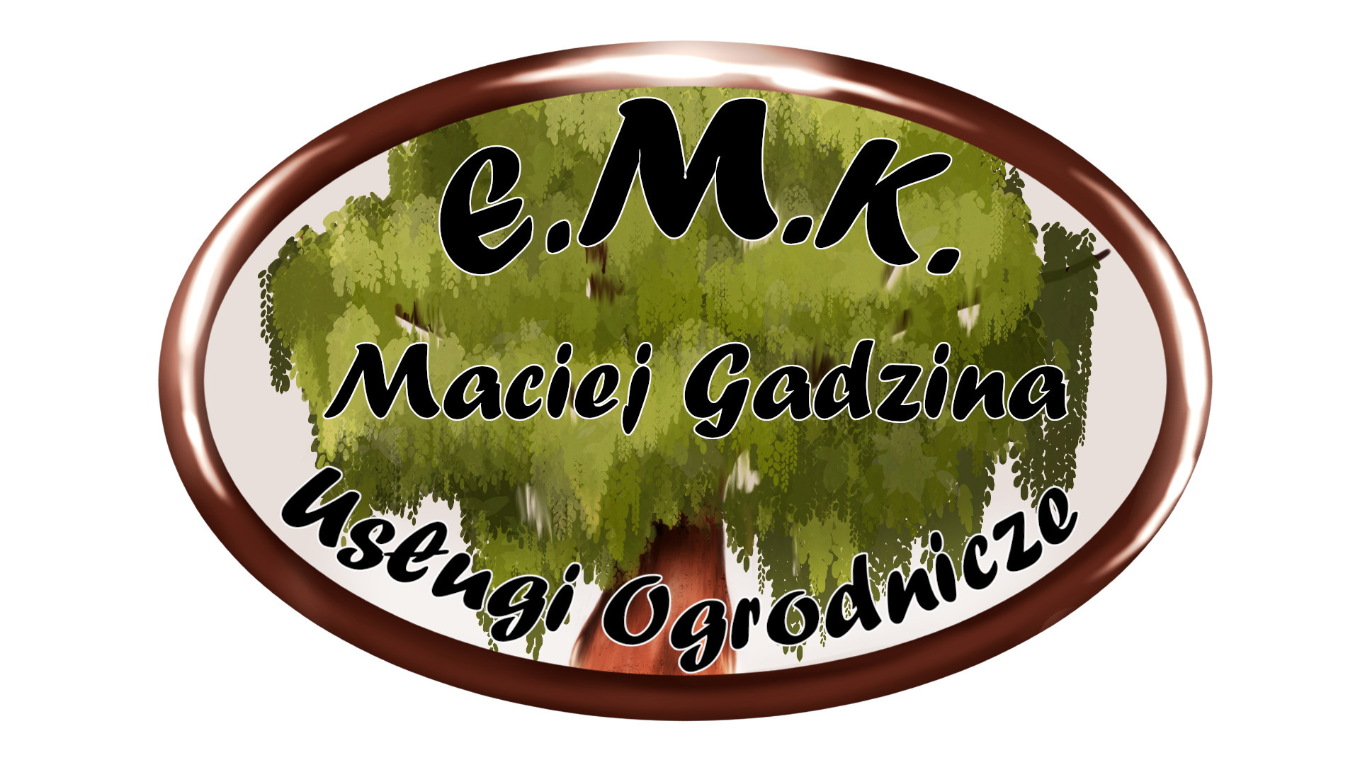 Logo firmy ogrodniczej E.M.K. Maciej Gadzina Usługi Ogrodnicze, stylizowane na drzewo z brązową obwódką.