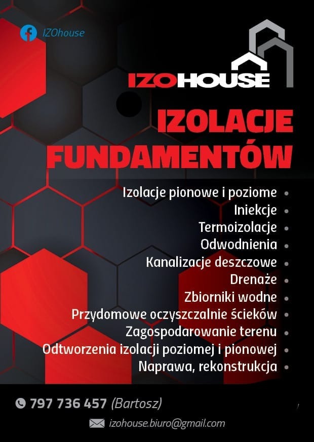 Grafika reklamowa firmy IzoHouse z ofertą izolacji fundamentów, termoizolacji, odwodnień, kanalizacji deszczowej, drenażu, zbiorników wodnych, przydomowych oczyszczalni ścieków, zagospodarowania...