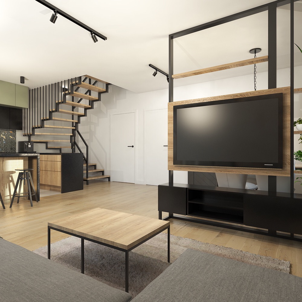 Nowoczesny salon z drewnianymi schodami, czarną zabudową TV i stolikiem kawowym na tle jasnej podłogi.