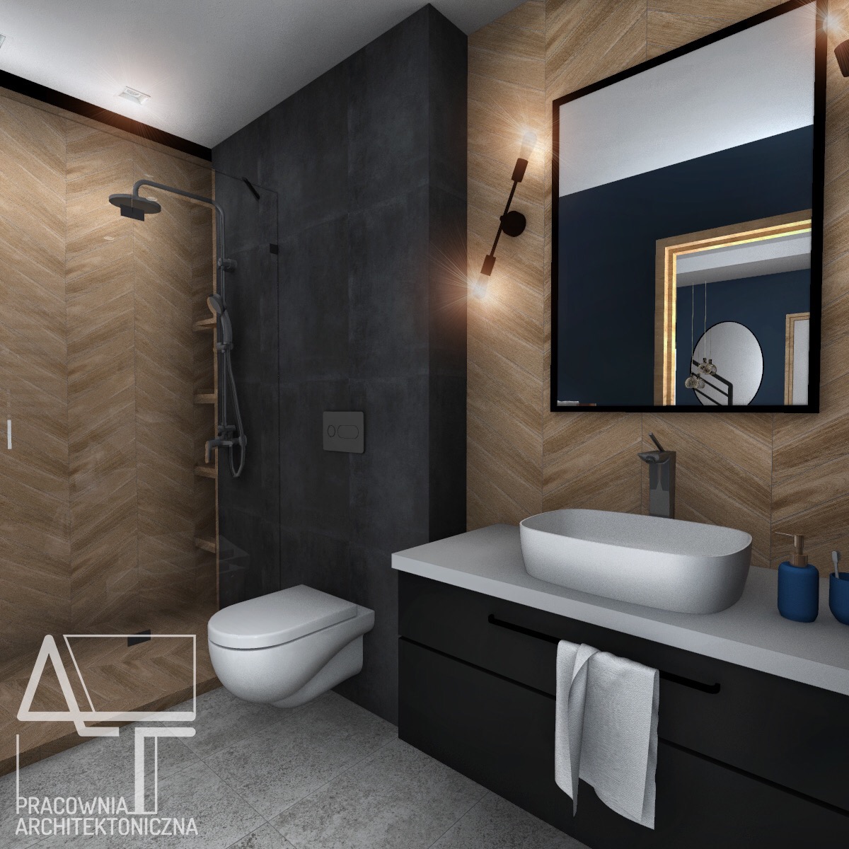 Wizualizacja łazienki z kabiną prysznicową typu walk-in, umywalką nablatową na czarnej szafce, lustrem w czarnej ramie i oryginalnym oświetleniem ściennym, wykończona płytkami imitującymi drewno...