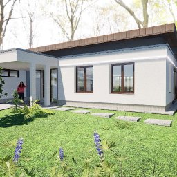 MyBigBoxArchitekci Sp z o.o. - Wizualizacja parterowego domu z płaskim dachem i zadaszonym tarasem, z osobami i samochodem na podjeździe, otoczonego zielonym trawnikiem i drzewami.