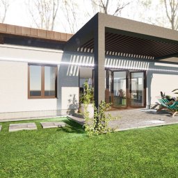 MyBigBoxArchitekci Sp z o.o. - Wizualizacja nowoczesnego, parterowego domu z płaskim dachem i pergolą nad tarasem, kobieta relaksująca się w hamaku, dziecko bawiące się w ogrodzie, na podjeździe zaparkowany samochód.