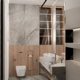 MyBigBoxArchitekci Sp z o.o. - Nowoczesna łazienka z marmurową posadzką i ścianami, wisząca toaleta oraz umywalka na blacie z podświetleniem LED, szklane panele z oświetleniem w tle.