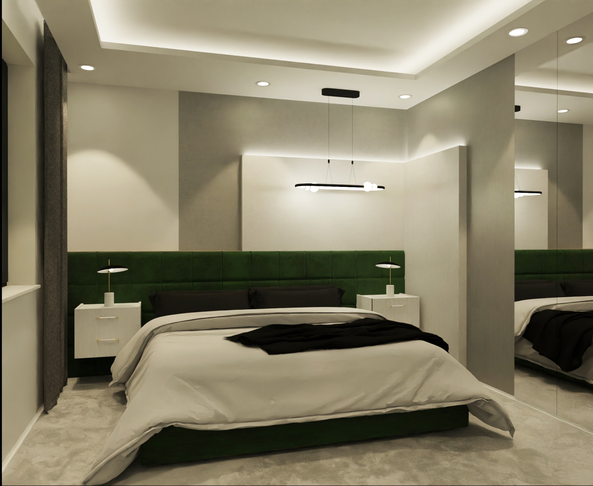 Nowoczesna sypialnia z łóżkiem z zielonym zagłówkiem, białymi szafkami nocnymi i minimalistyczną lampą wiszącą, odbicie w lustrze.