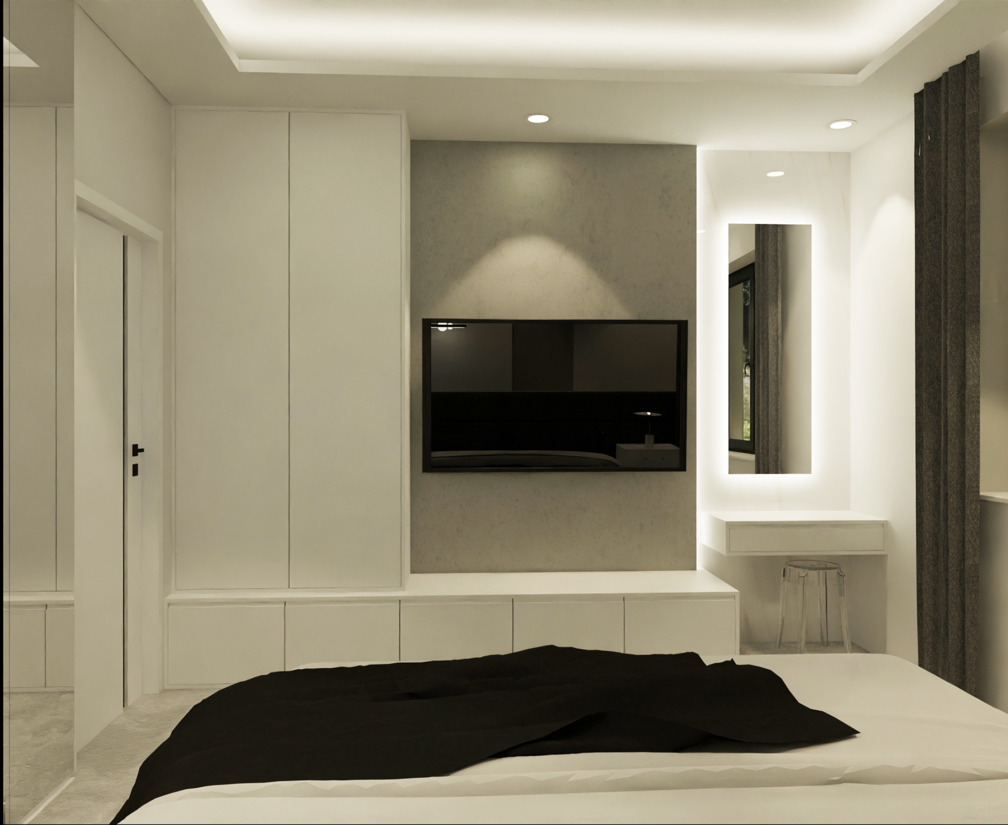 Minimalistyczna sypialnia z białymi meblami, telewizorem na ścianie i podświetlanym lustrem nad toaletką z przezroczystym krzesłem.