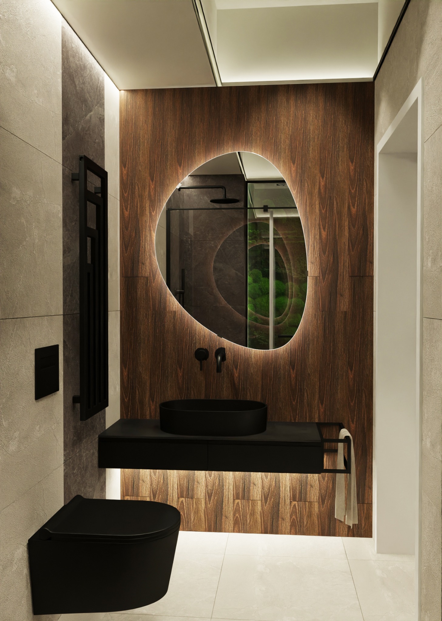 Nowoczesna łazienka z podświetlanym, nieregularnym lustrem na tle drewnianej ściany, czarna ceramika i armatura, minimalistyczny grzejnik.