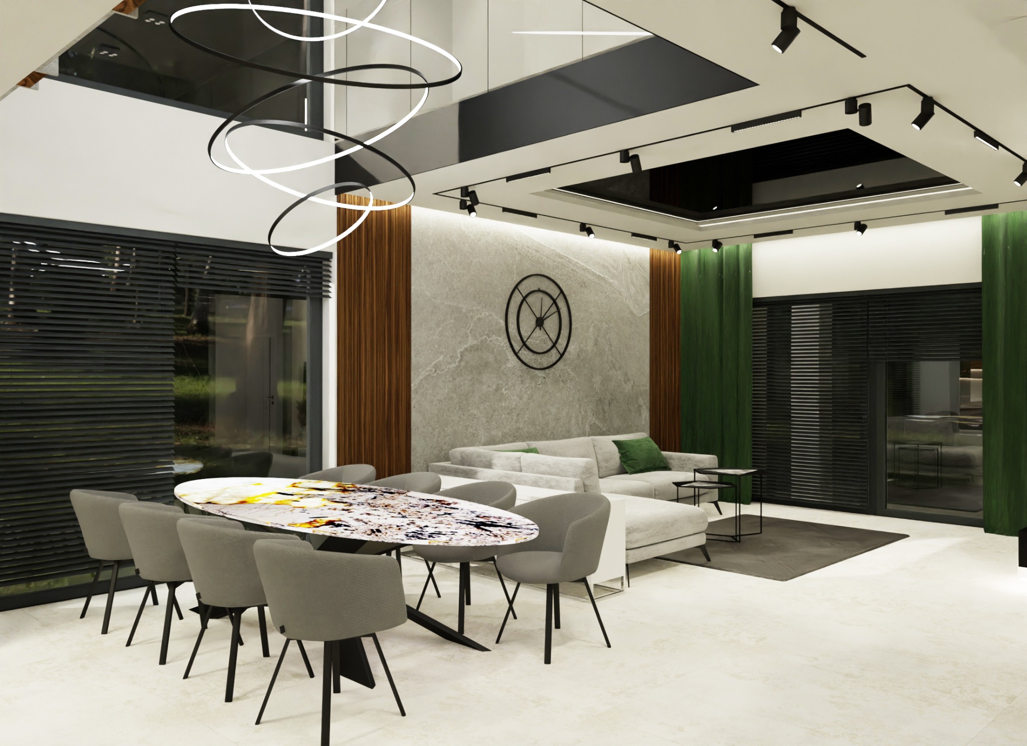 Nowoczesny salon z marmurowym stołem, szarymi krzesłami i narożną sofą z zielonymi poduszkami, oświetlony designerską lampą wiszącą.
