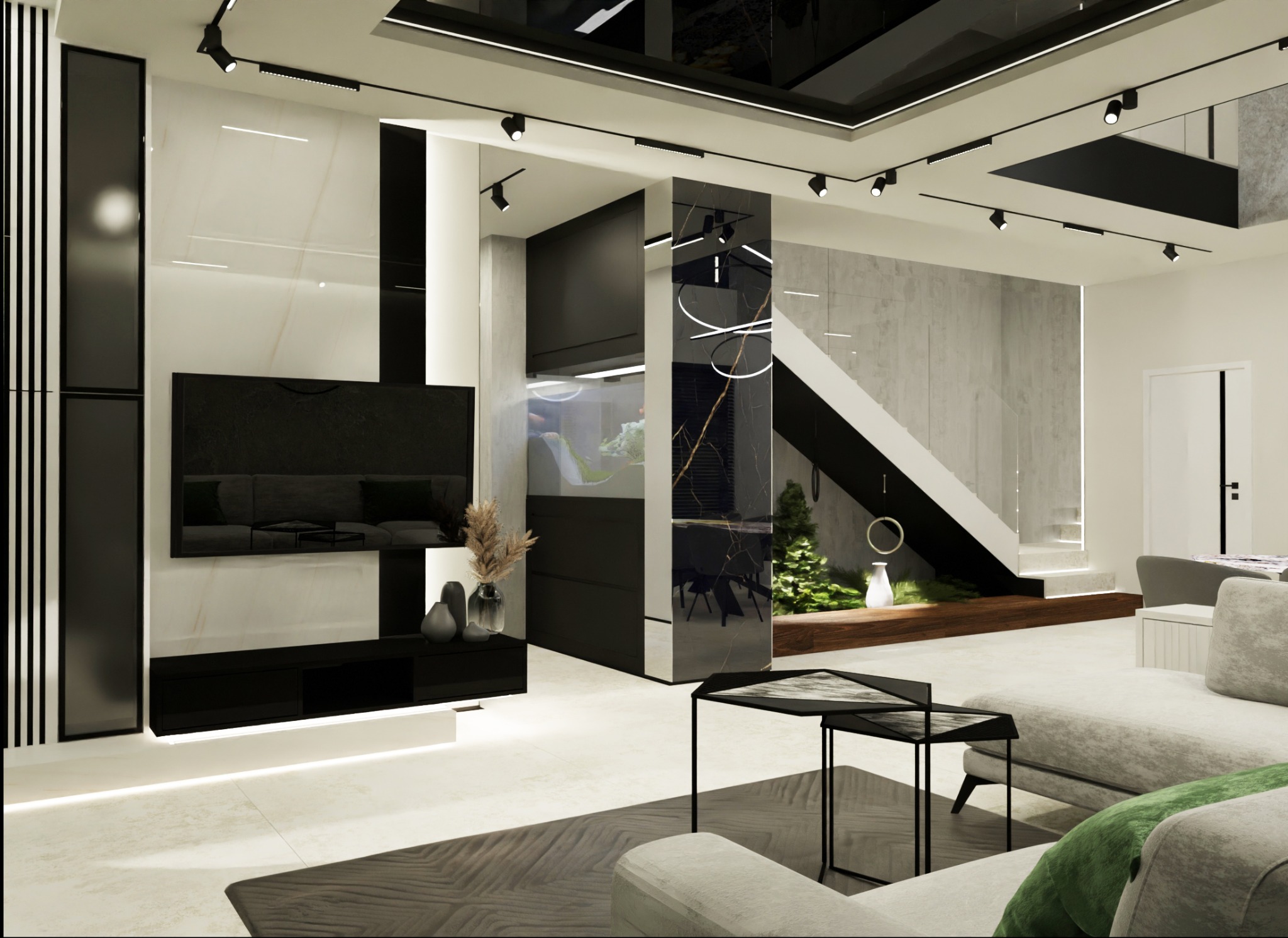 Nowoczesny salon z czarno-białymi elementami, betonową ścianą i schodami, minimalistyczna aranżacja z oświetleniem punktowym i dekoracyjną roślinnością.