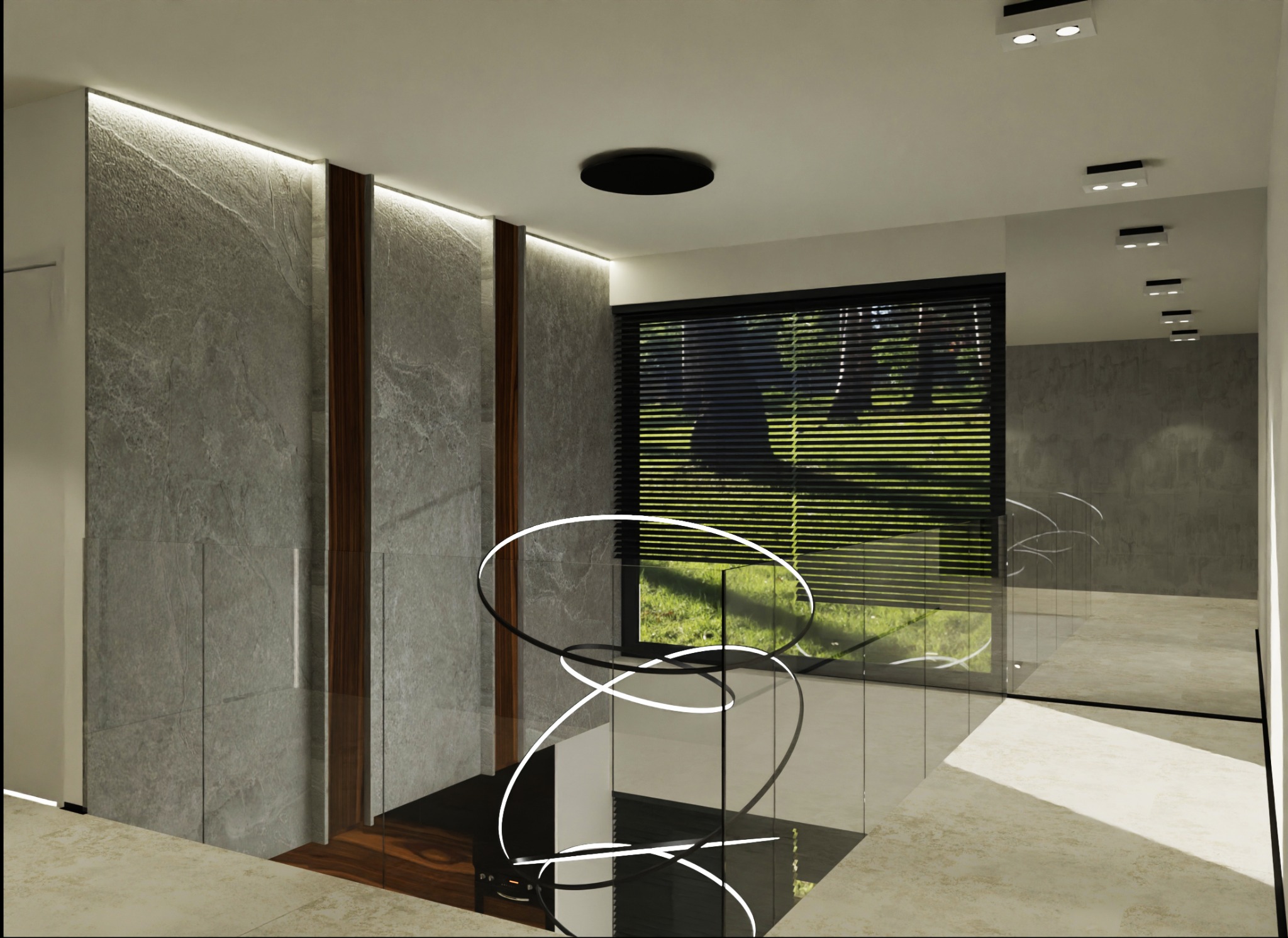 Wnętrze z dekoracyjną lampą spiralną, ściana wykończona szarym kamieniem z drewnianymi wstawkami, widok na zieleń przez okno z żaluzjami.