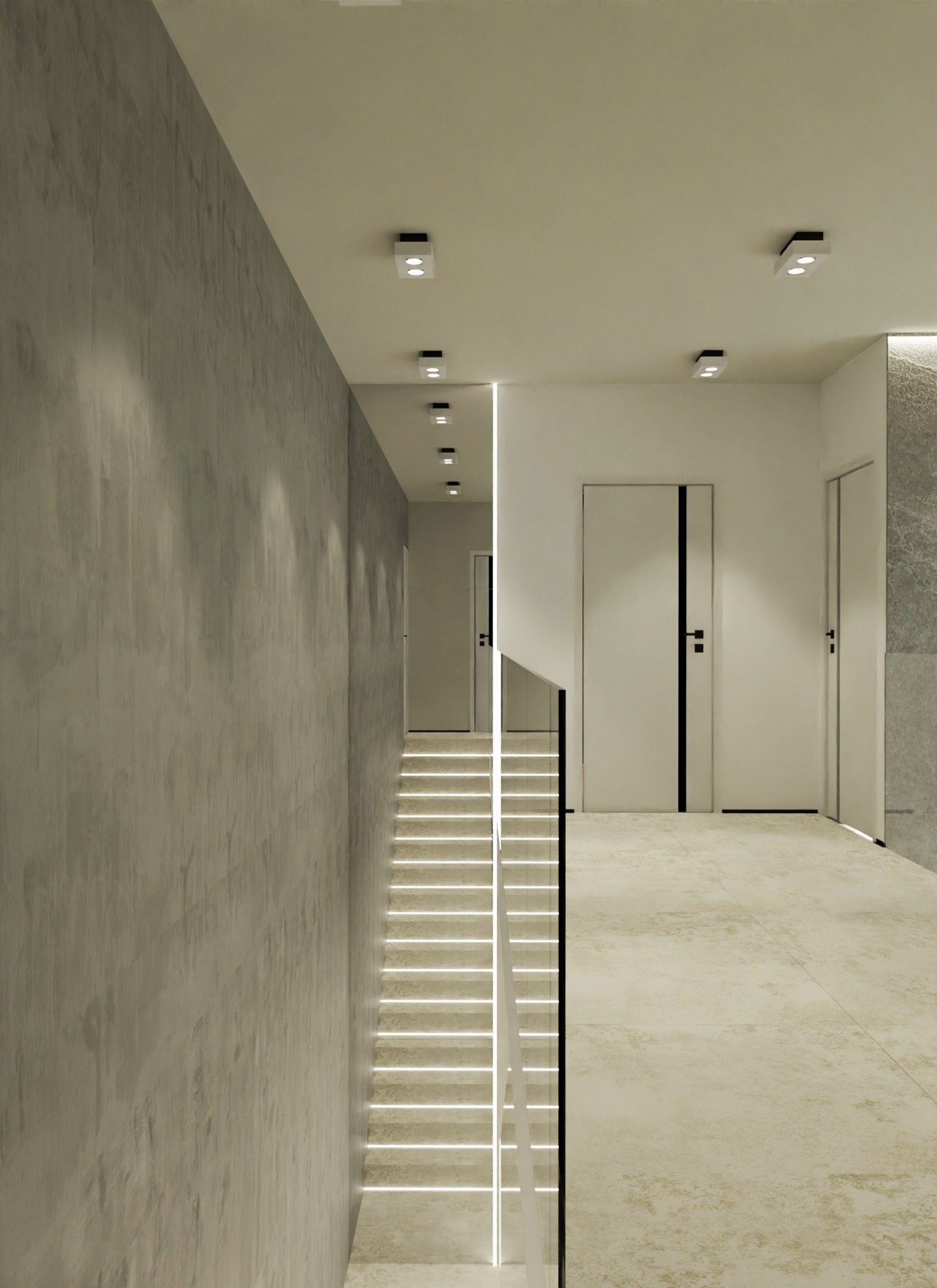 Minimalistyczne wnętrze domu z betonową ścianą, podświetlanymi schodami z szklaną balustradą i białymi drzwiami z czarnymi akcentami.