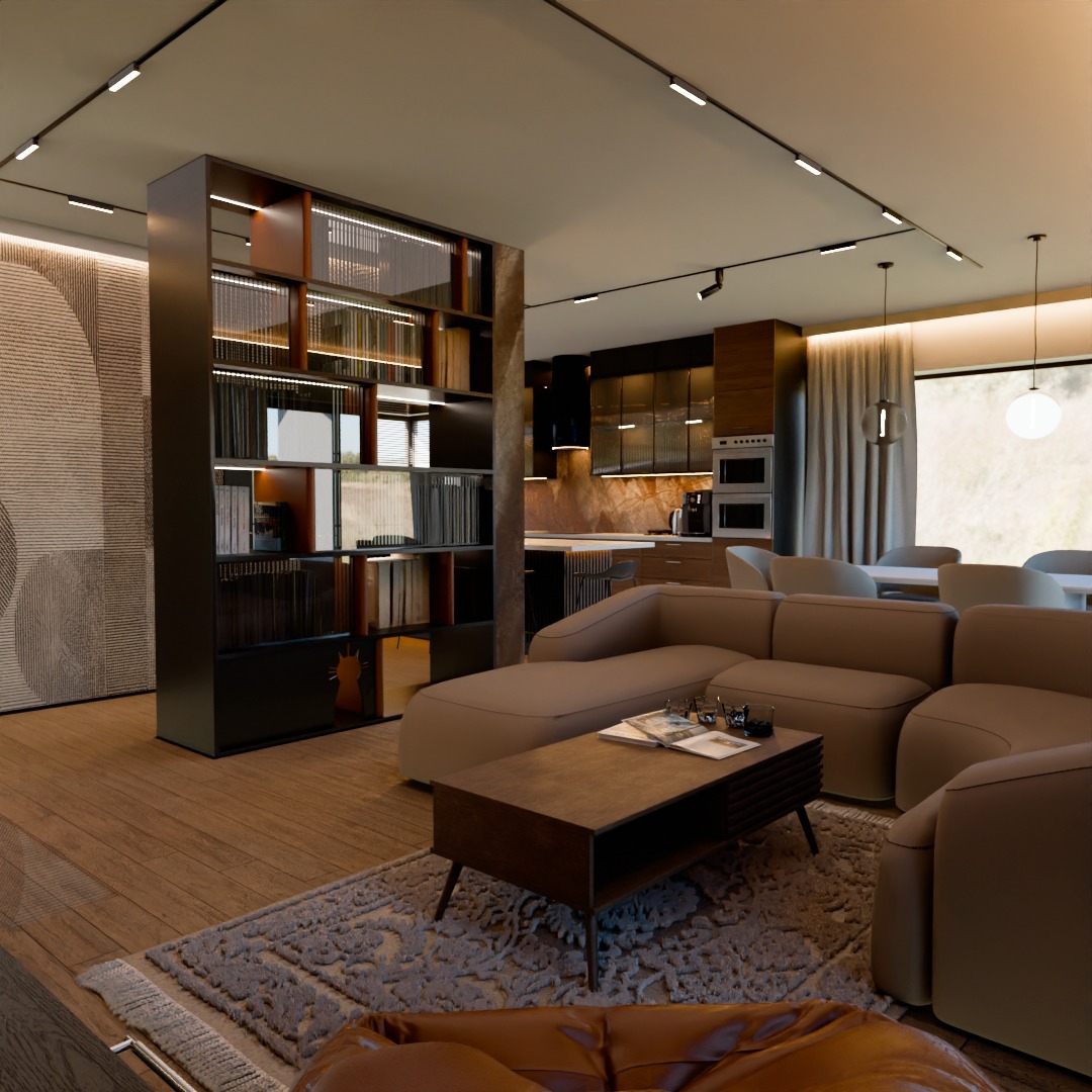 Wnętrze otwartego planu z beżową sofą modułową, drewnianym regałem na książki z podświetleniem LED, kuchnią z wyspą i marmurowym blatem, oraz dywanem w stylu vintage pod stolikiem kawowym.